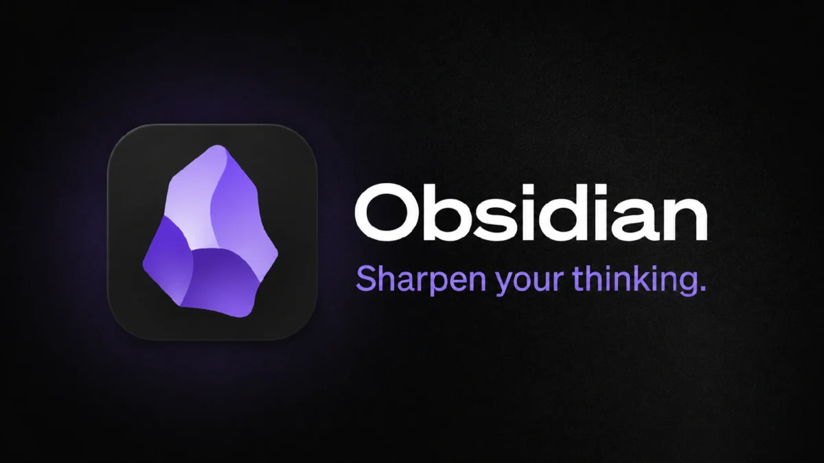 검은 질감 배경 위에 보라색 결정 형태의 Obsidian 아이콘과 흰색 “Obsidian” 로고, 보라색 문구 “Sharpen your thinking.”이 배치된 Obsidian 로고
